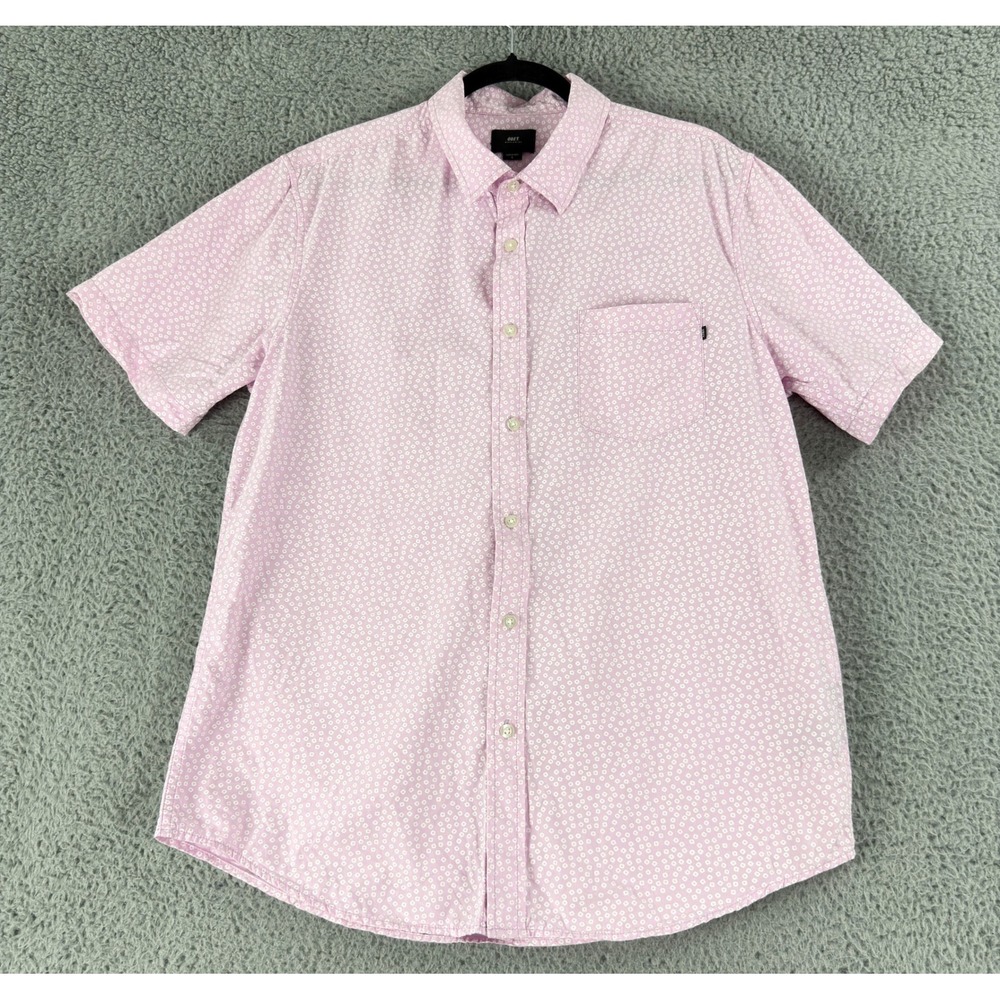 Obey Button Up Shirt Men L Pink Geometric Print Short Sleeve Cotton AE141 Casual
